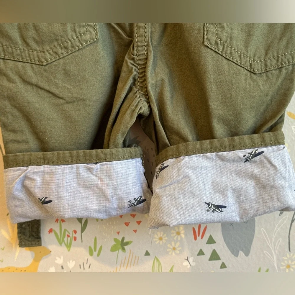 NWT Oshkosh baby B’gosh 6 Month Airplane Lined/ Cuff Army Green Vestbak Overalls